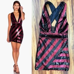 Milly Black and Maroon Striped Sequin Mini Dress